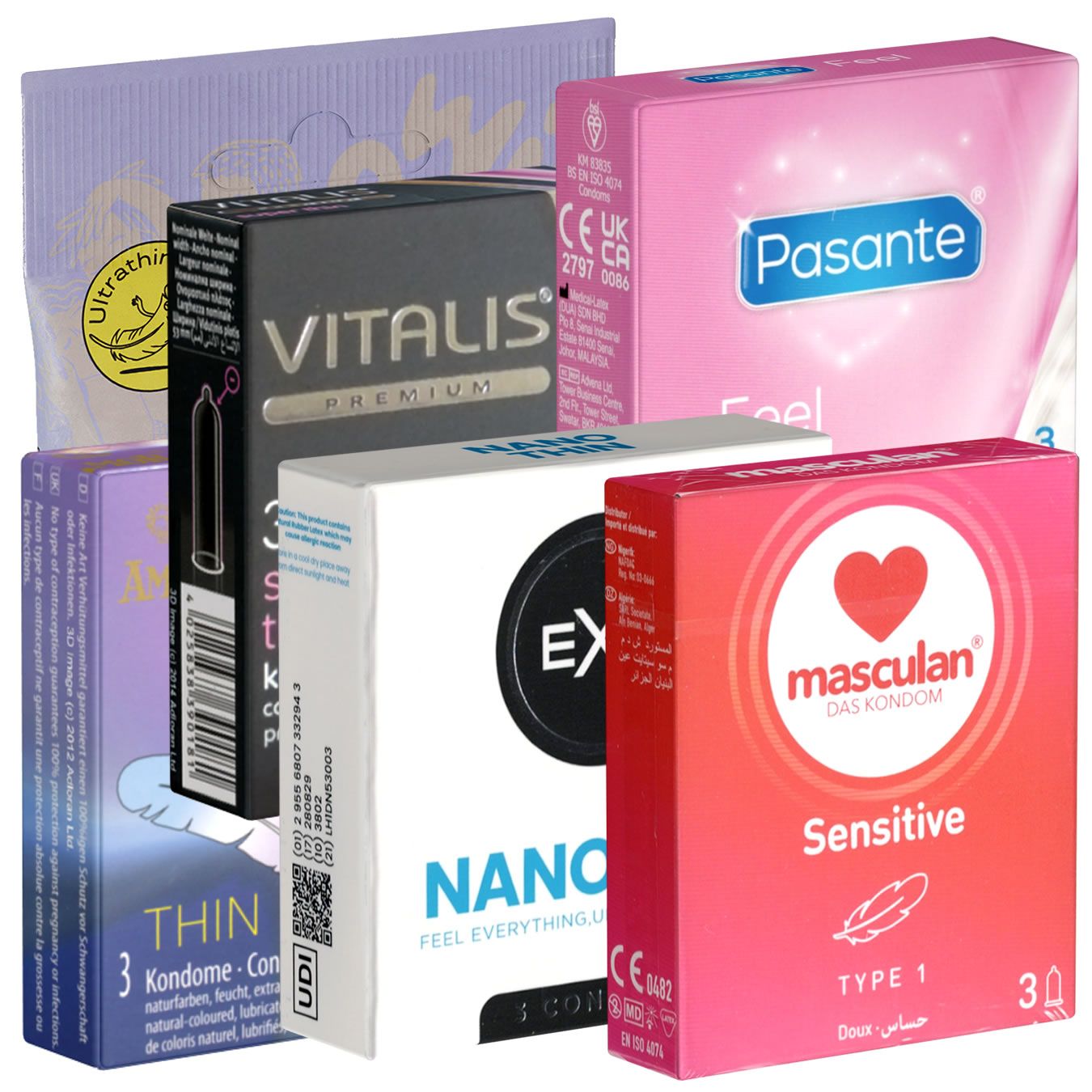 Plusieurs emballages de préservatifs. Marques : VITALIS, Pasante, masculan, NANO, Ultrathin. Couleurs : noir, rose, rouge, blanc, violet. Différentes formes et tailles.