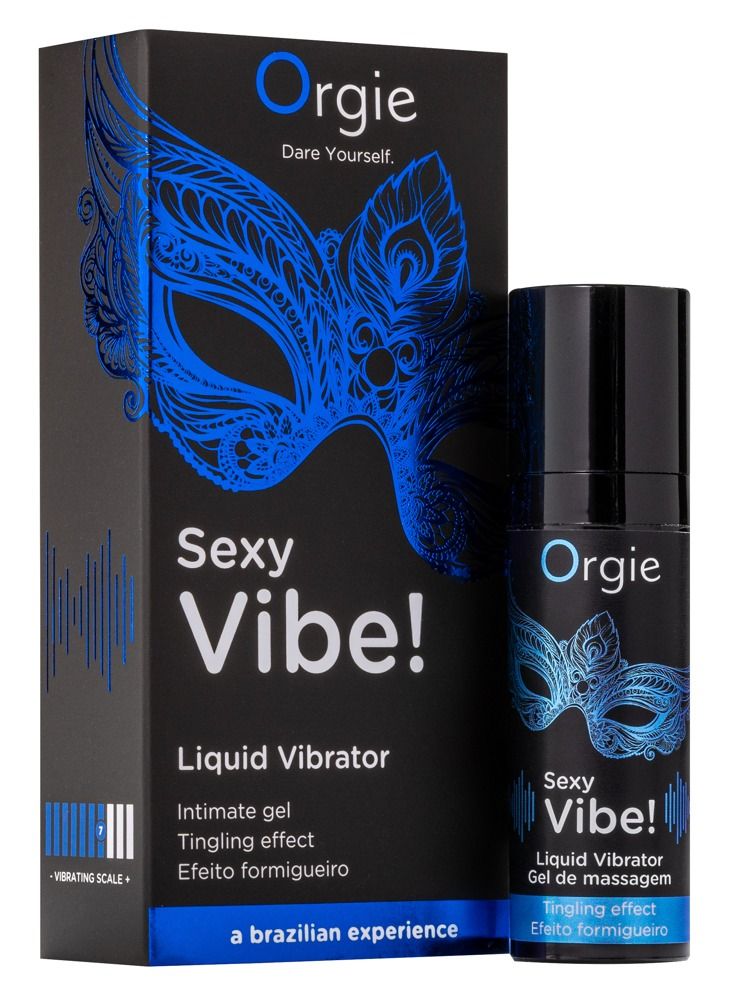 Orgie Sexy Vibe! Liquid Vibrator fles en verpakking met masker design en tekst.