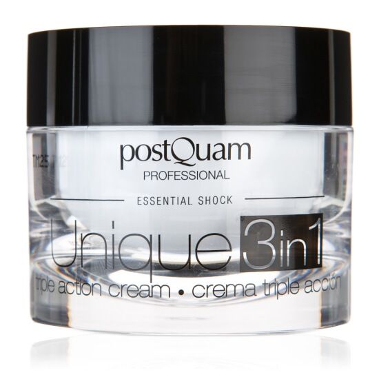Pot de crème avec couvercle noir. Inscription : Postquam Professional, Unique 3in1. Crème triple action.