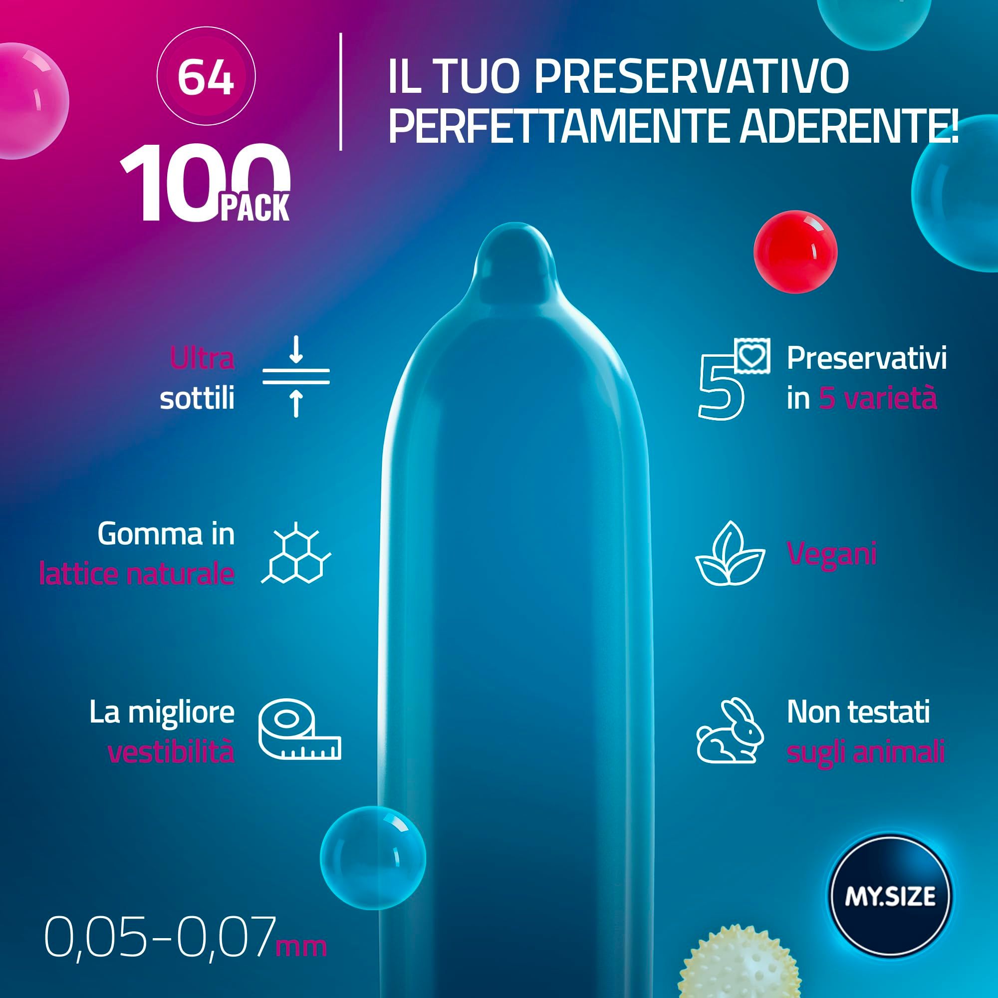 Pack de 100 préservatifs, 64 unités. Fins, en latex de caoutchouc naturel, épaisseur 0,05-0,07 mm.