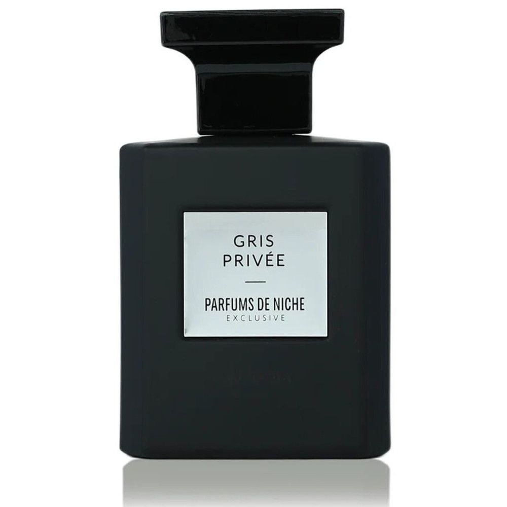 Flacon de parfum gris foncé avec bouchon noir et étiquette blanche "GRIS PRIVÉE PARFUMS DE NICHE EXCLUSIVE".
