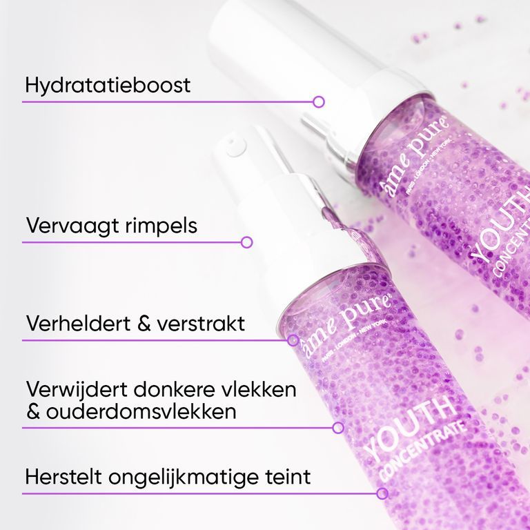 Close-up van een flacon Youth Concentrate Serum, serum druipt eruit.