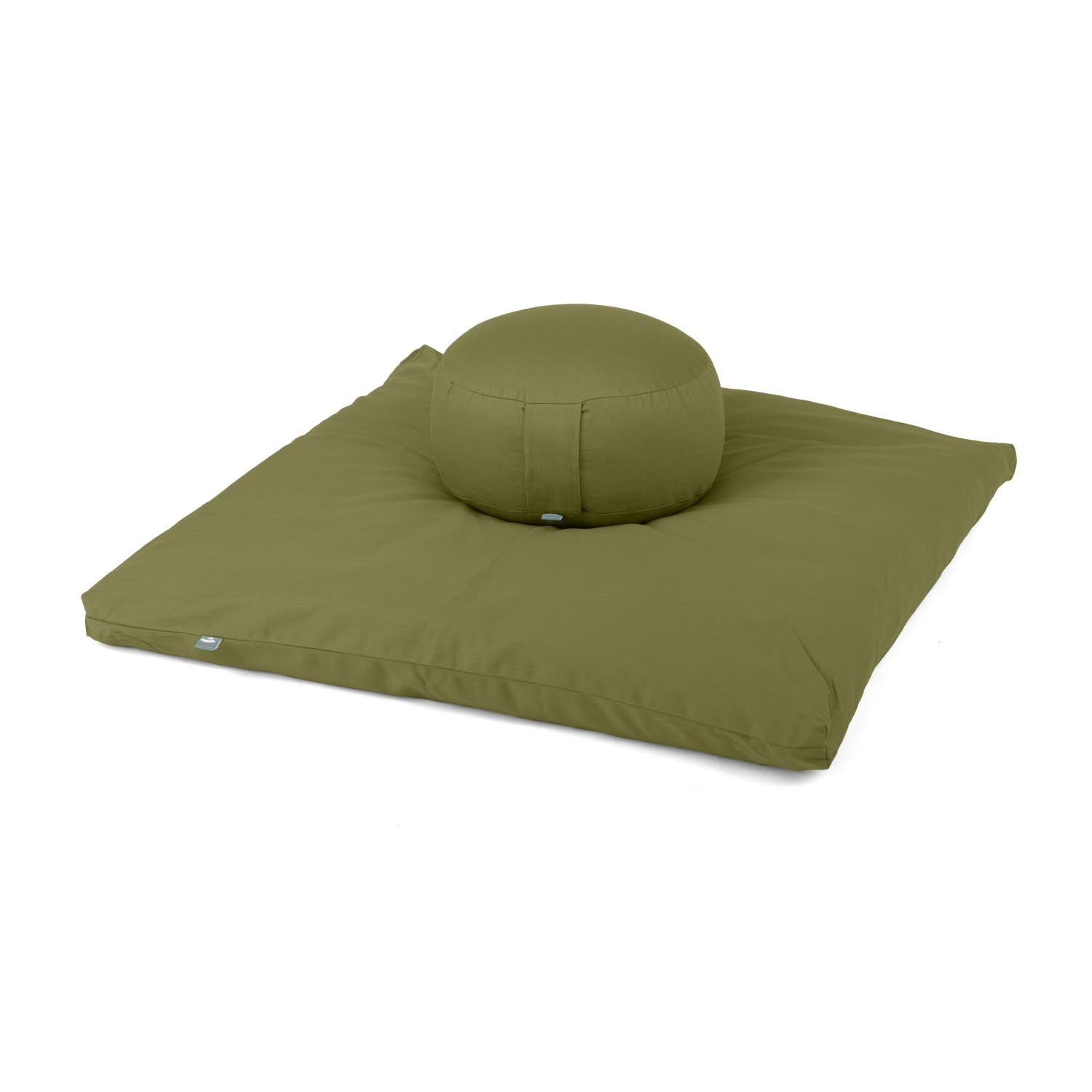 Coussin de méditation RONDO ECO et tapis Zabuton verts. Forme ronde, tapis carré. Tous deux en tissu.