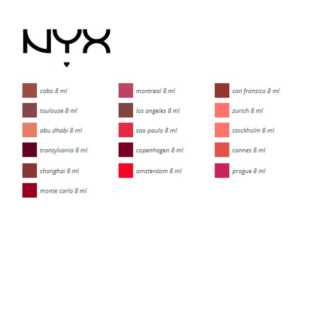 Palette de rouges à lèvres avec différentes couleurs. Inscription : NYX. Couleurs : Cabo, Toulouse, Abu Dhabi, Transylvania, Shanghai, Monte Carlo.