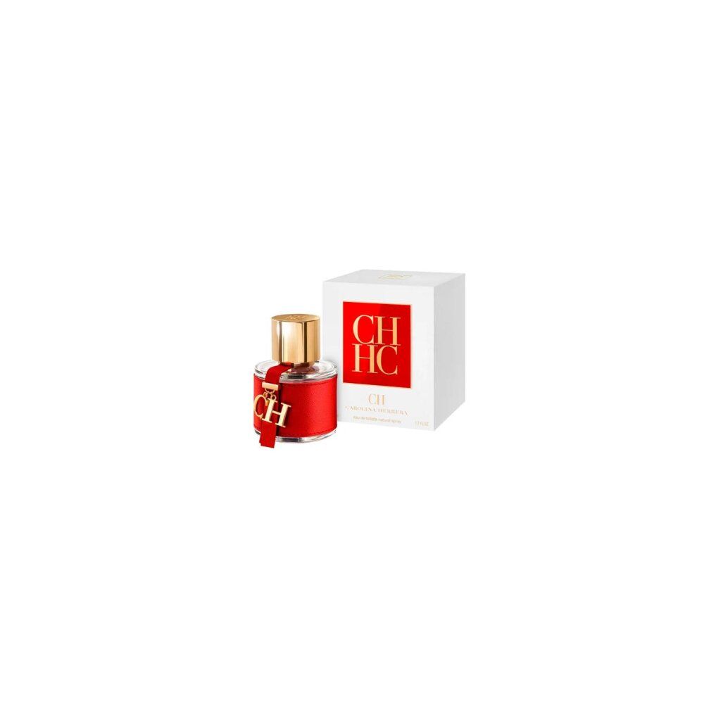 Parfumfles met rood leren bandje en CH-hanger naast witte doos met CH-logo. Gouden dop.
