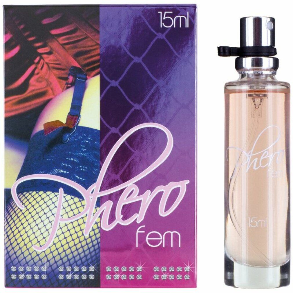 Fles en verpakking van Pherofem. Fles met verstuiver, verpakking met productnaam en 15ml-aanduiding. Achtergrond met jarretel.