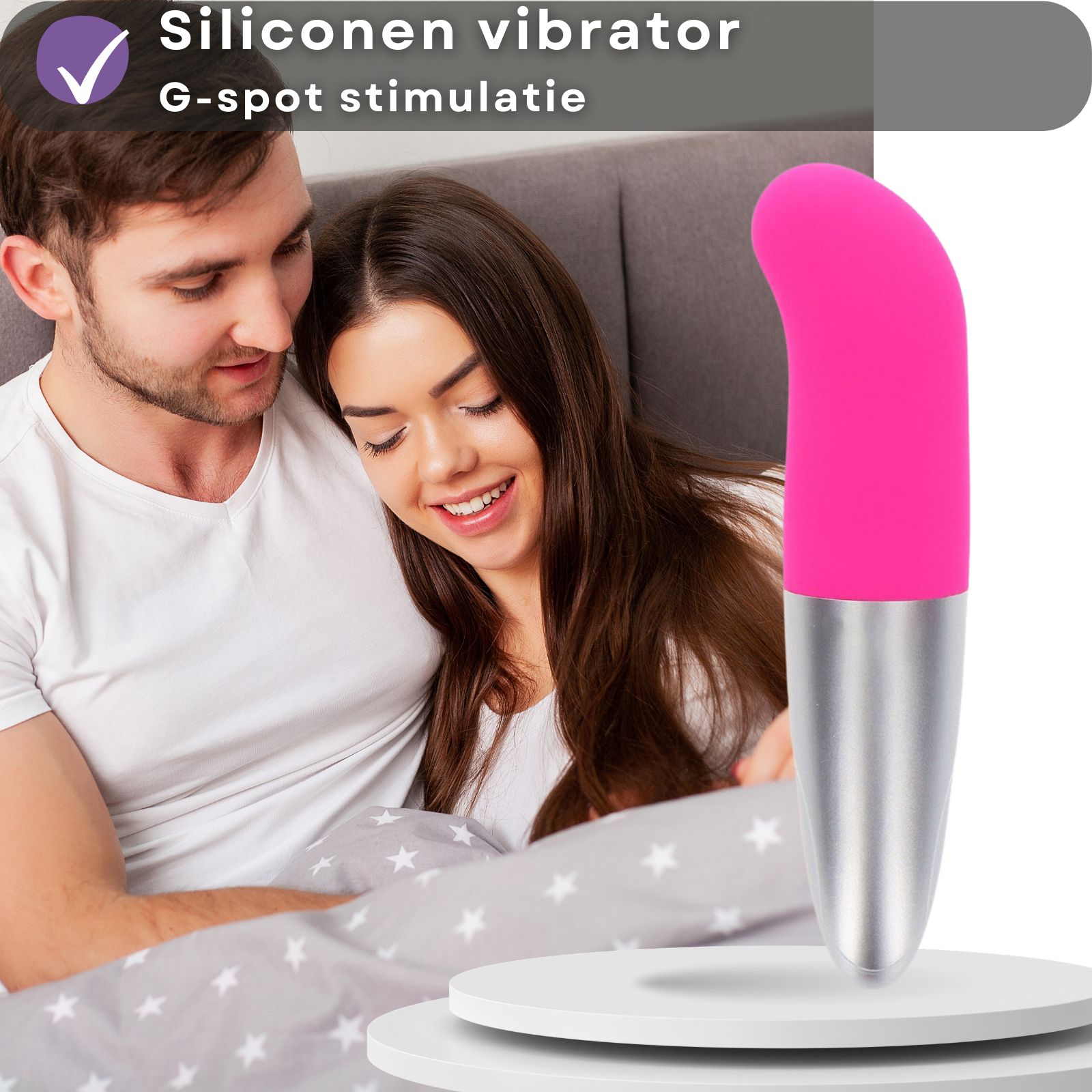 Roze en zilveren vibrator. G-spot stimulatie. Siliconen.
