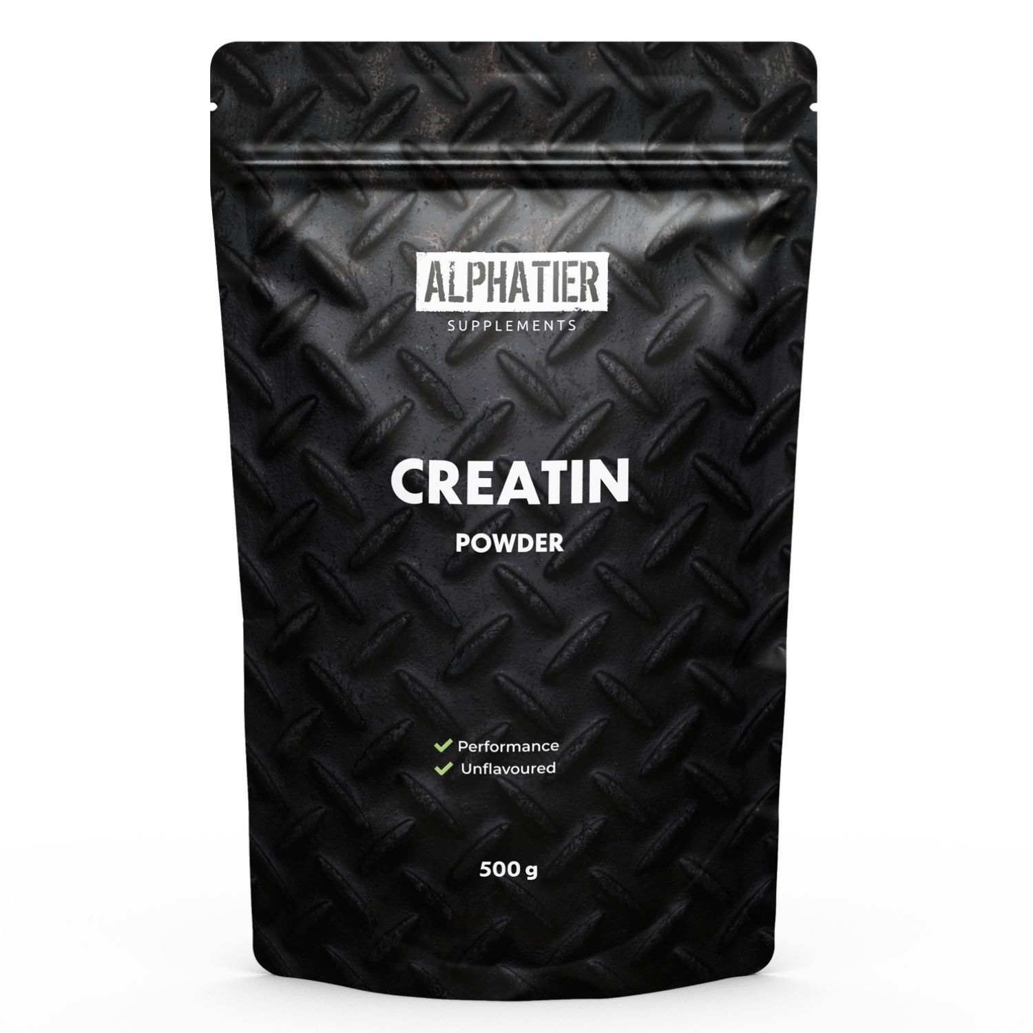 Sachet noir avec logo Alphatier et inscription Creatin Powder. Contient 500g. Indication Performance et Sans saveur.