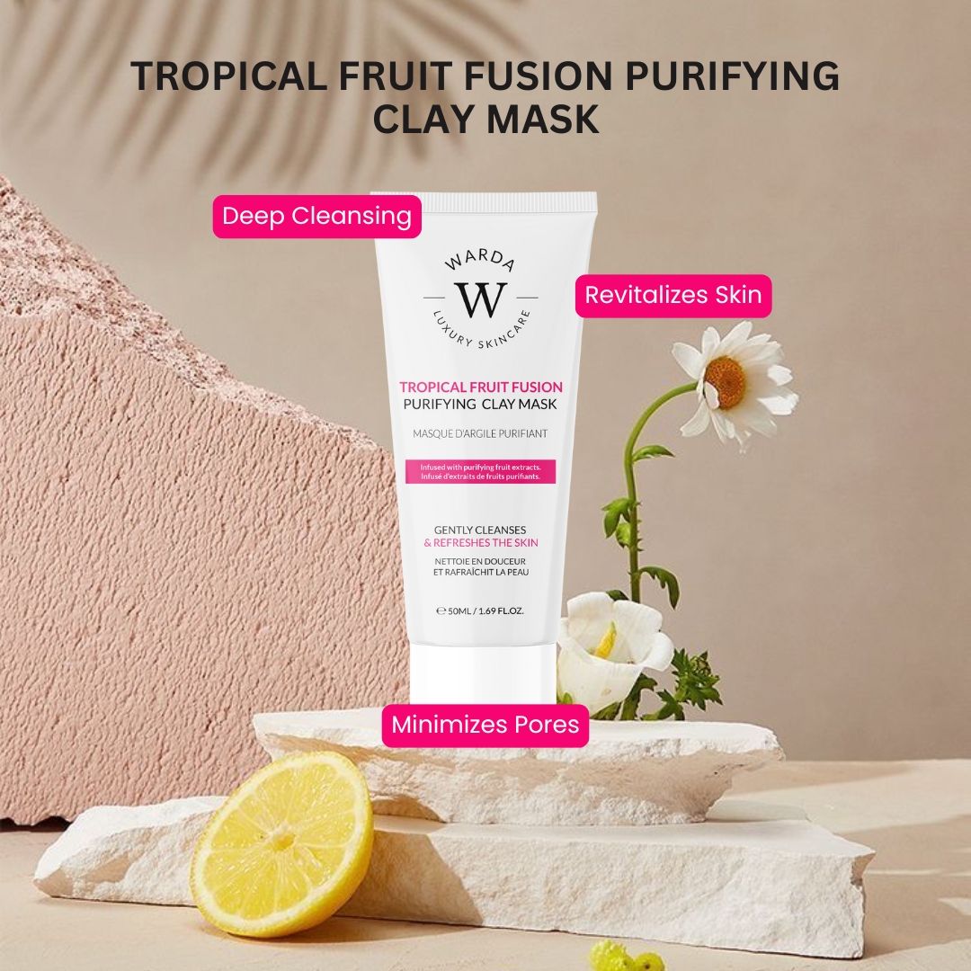 Warda Luxury Skincare reinigend kleimasker. Witte tube met roze accenten. Citroen en bloem naast product. Tekst: Tropical Fruit Fusion.