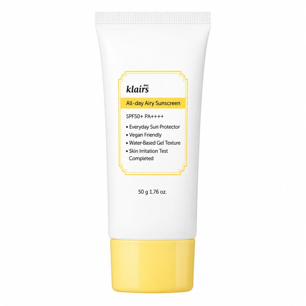 Witte tube met gele dop, Klairs All-day Airy Sunscreen, SPF50+ PA++++, 50g.