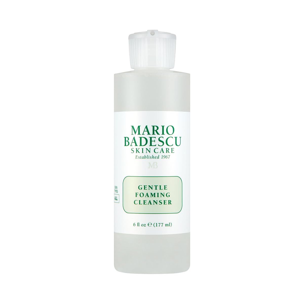 Flacon transparent avec bouchon blanc. Étiquette avec "MARIO BADESCU SKIN CARE" et "GENTLE FOAMING CLEANSER".