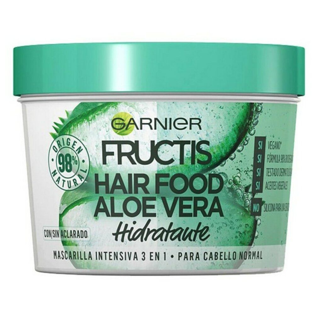 Masque capillaire à l'aloe vera. Pot rond à couvercle vert. Texte: Garnier Fructis Hair Food. 98% ingrédients naturels. Vegan.