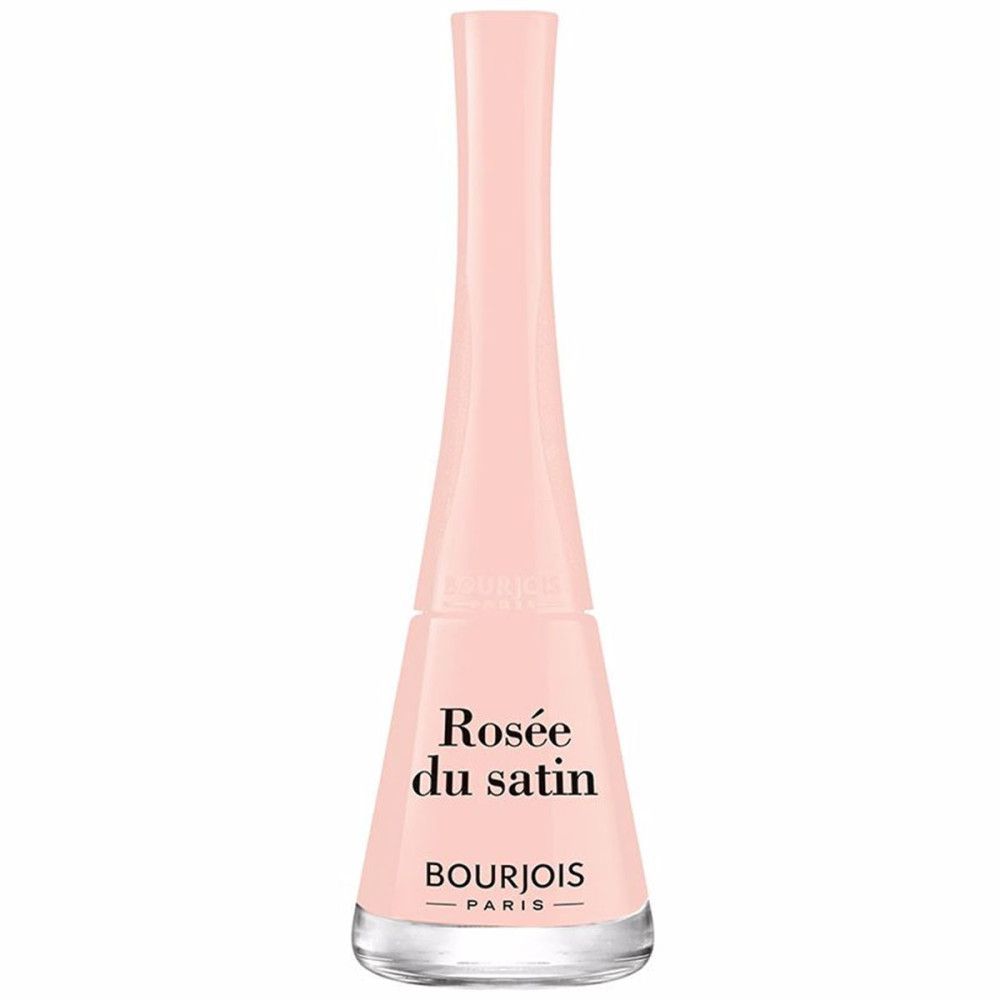 Flesje lichtroze nagellak. Opschrift 'Rosée du satin' en 'Bourjois Paris'.