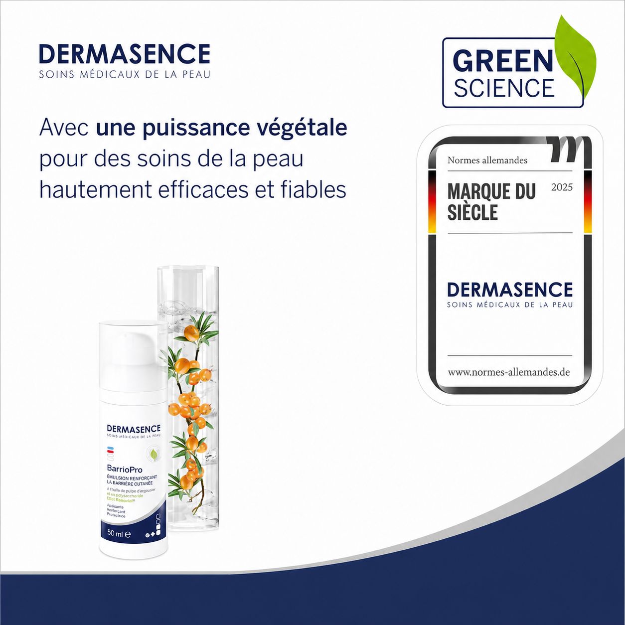 Deux produits de soin de la peau Dermasence : une bouteille blanche et une bouteille transparente avec des branches d'argousier.
