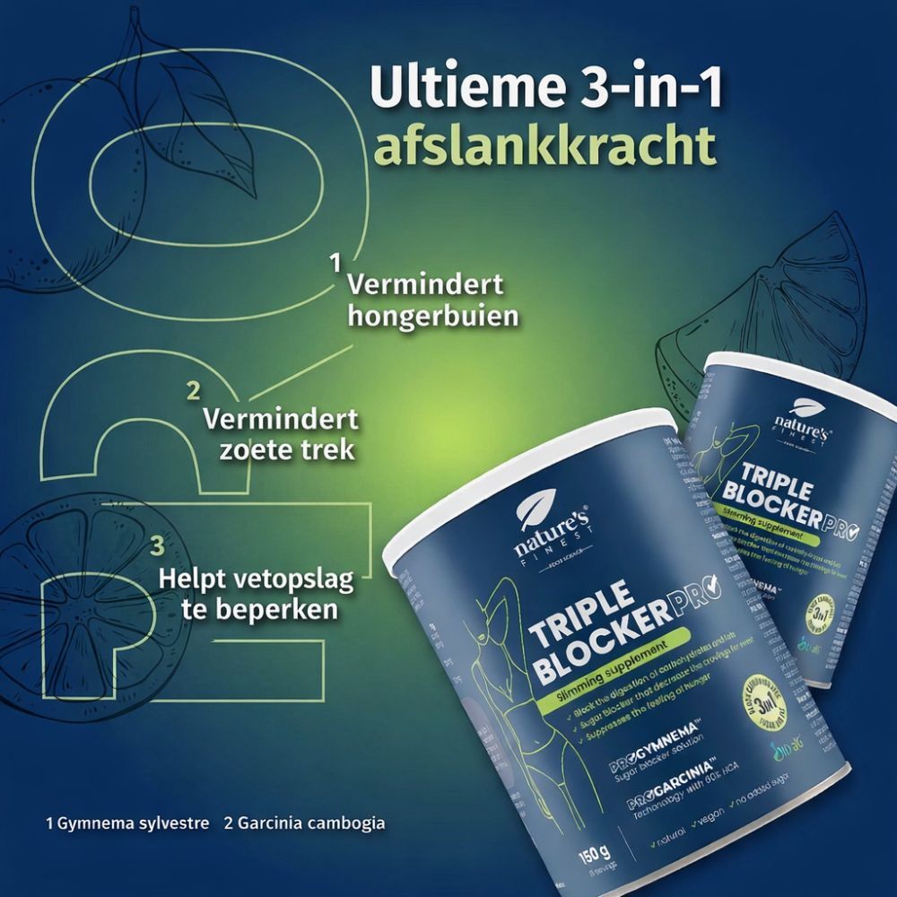 Pot Nature's Finest Triple Blocker PRO. Ingrediënten: Vitis vinifera, Gymnema Sylvestre, Garcinia cambogia, ID-alg.