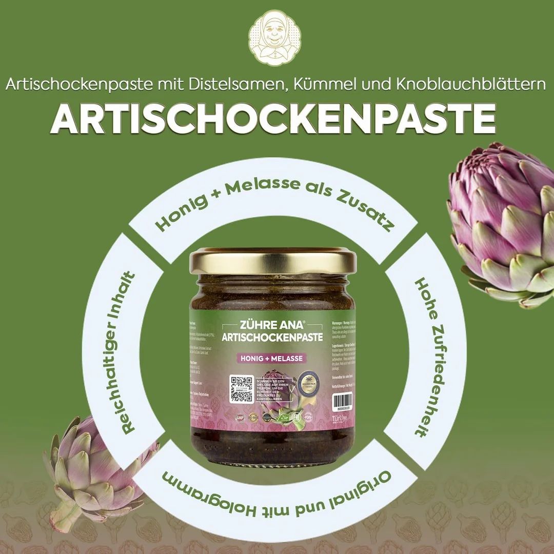 Potje Zühre Ana artisjokpasta. Opschrift: Honing + Melasse. Omringd door illustraties en teksten over het product.