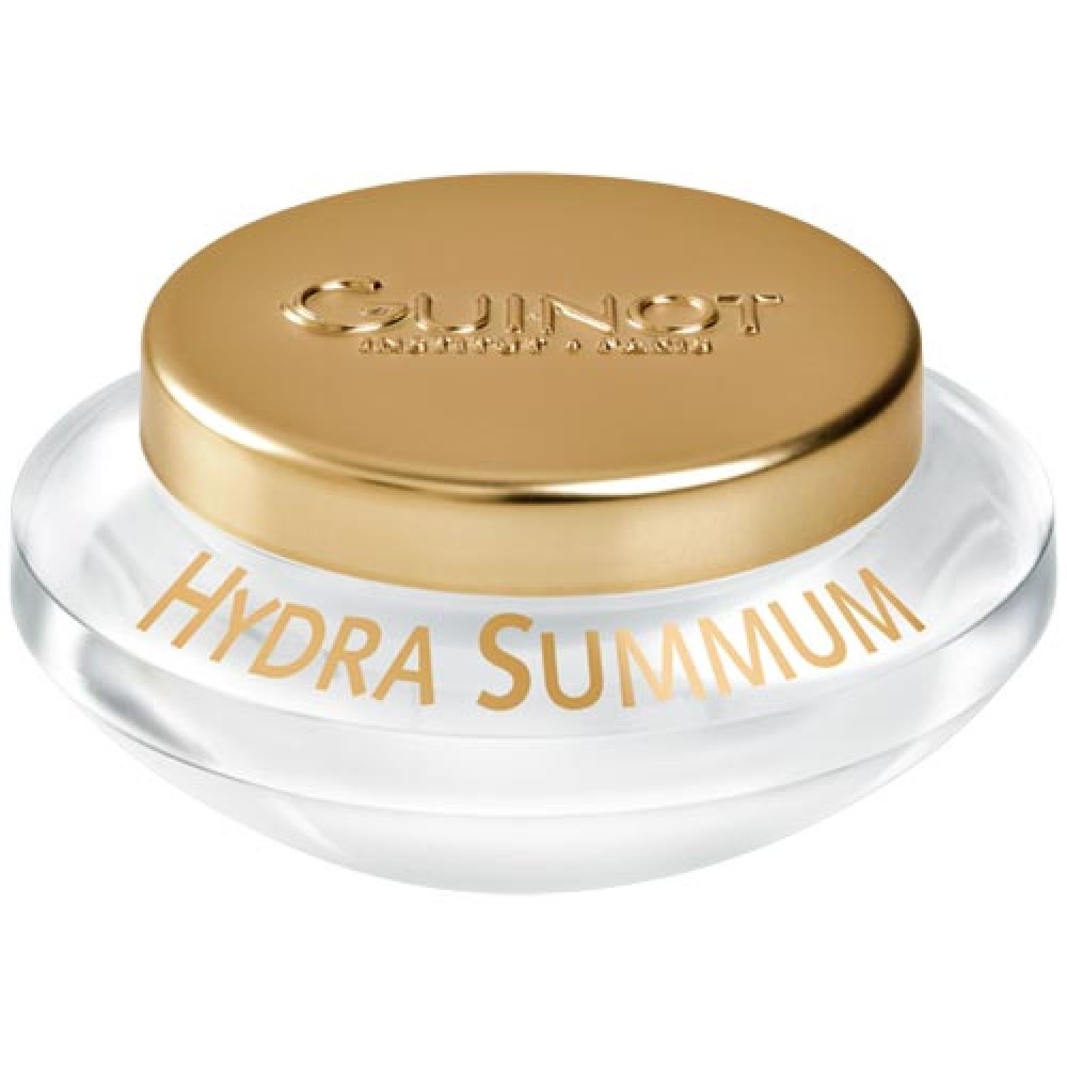 Crèmepot met gouden deksel. Opschrift "HYDRA SUMMUM". Merk GUINOT.
