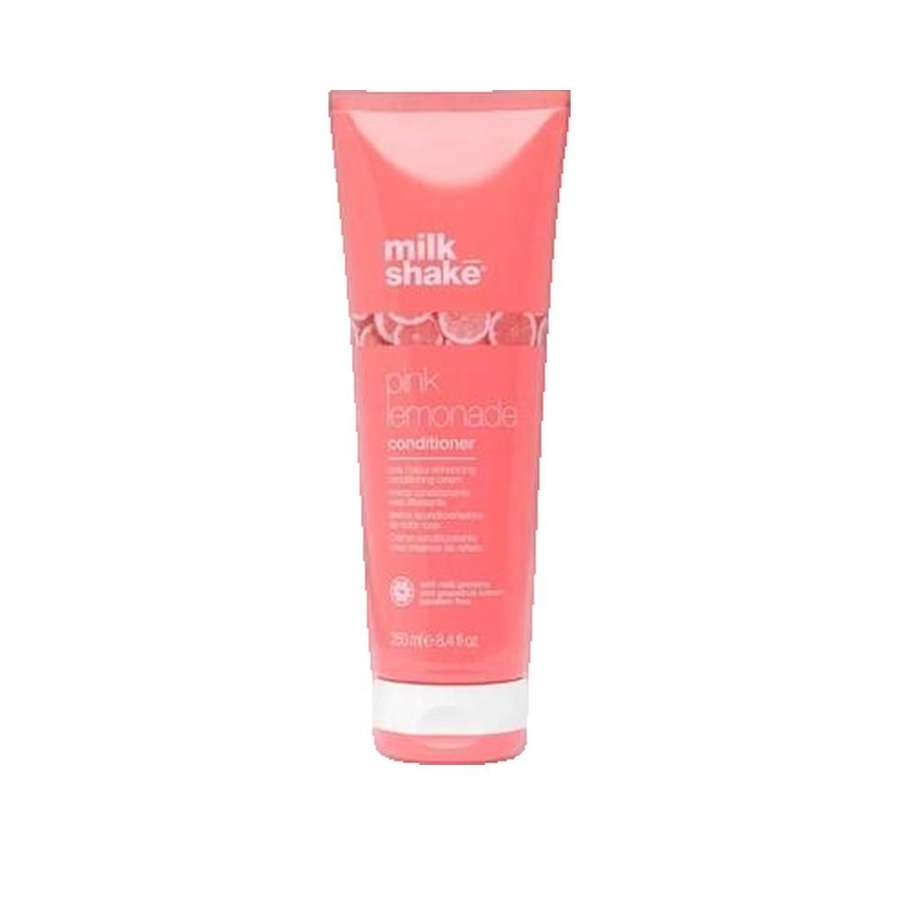 Roze tube met productnaam en tekst. Bevat 250 ml. Merk Milk Shake. Pink Lemonade Conditioner.