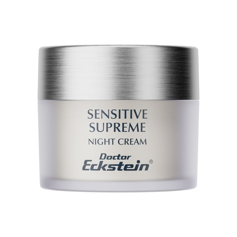 Pot de crème avec couvercle argenté. Inscription : SENSITIVE SUPREME NIGHT CREAM. En dessous : Doctor Eckstein.