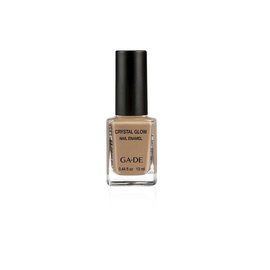 Flacon de vernis à ongles avec bouchon noir. Inscription : Crystal Glow Nail Enamel, GA-DE. Couleur : beige. Volume : 13 ml.