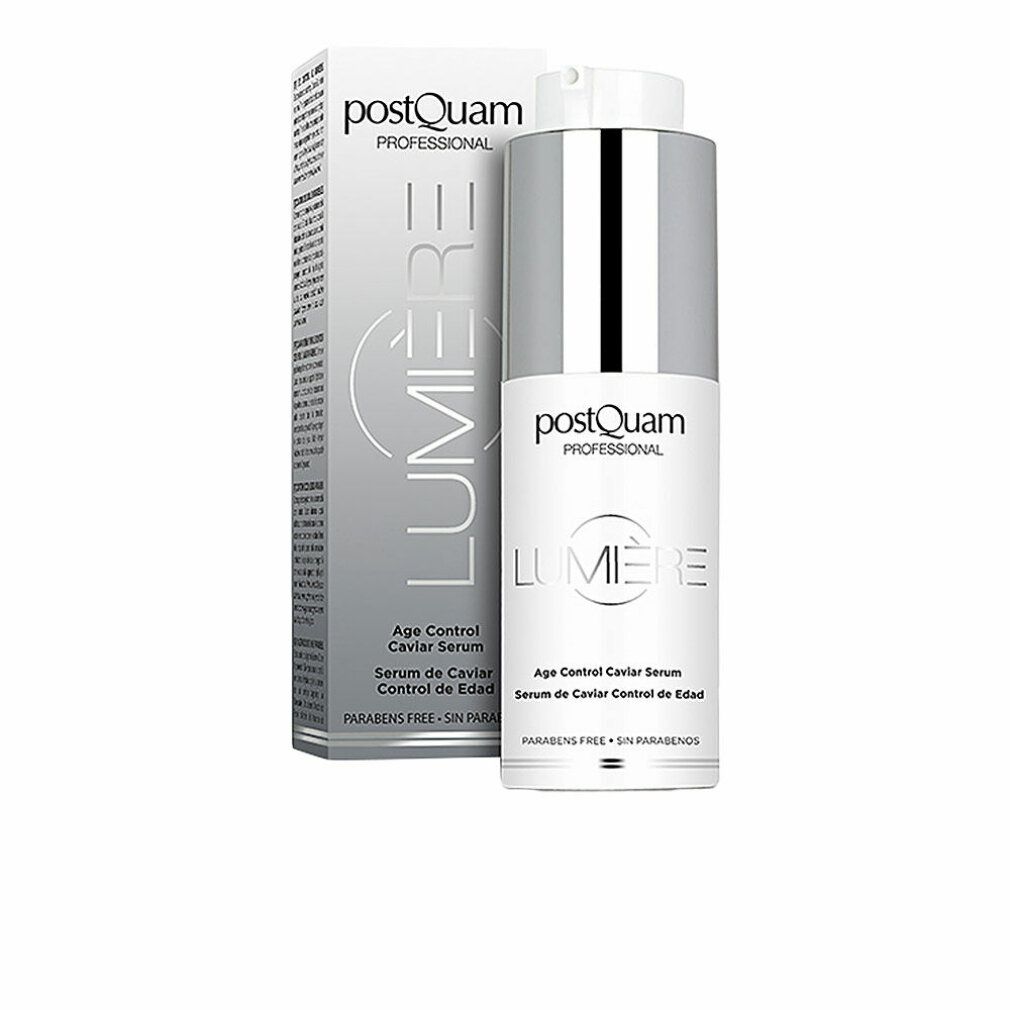 Serumfles en verpakking. Opschrift: Postquam Lumière Age Control Caviar Serum. Zonder parabenen.