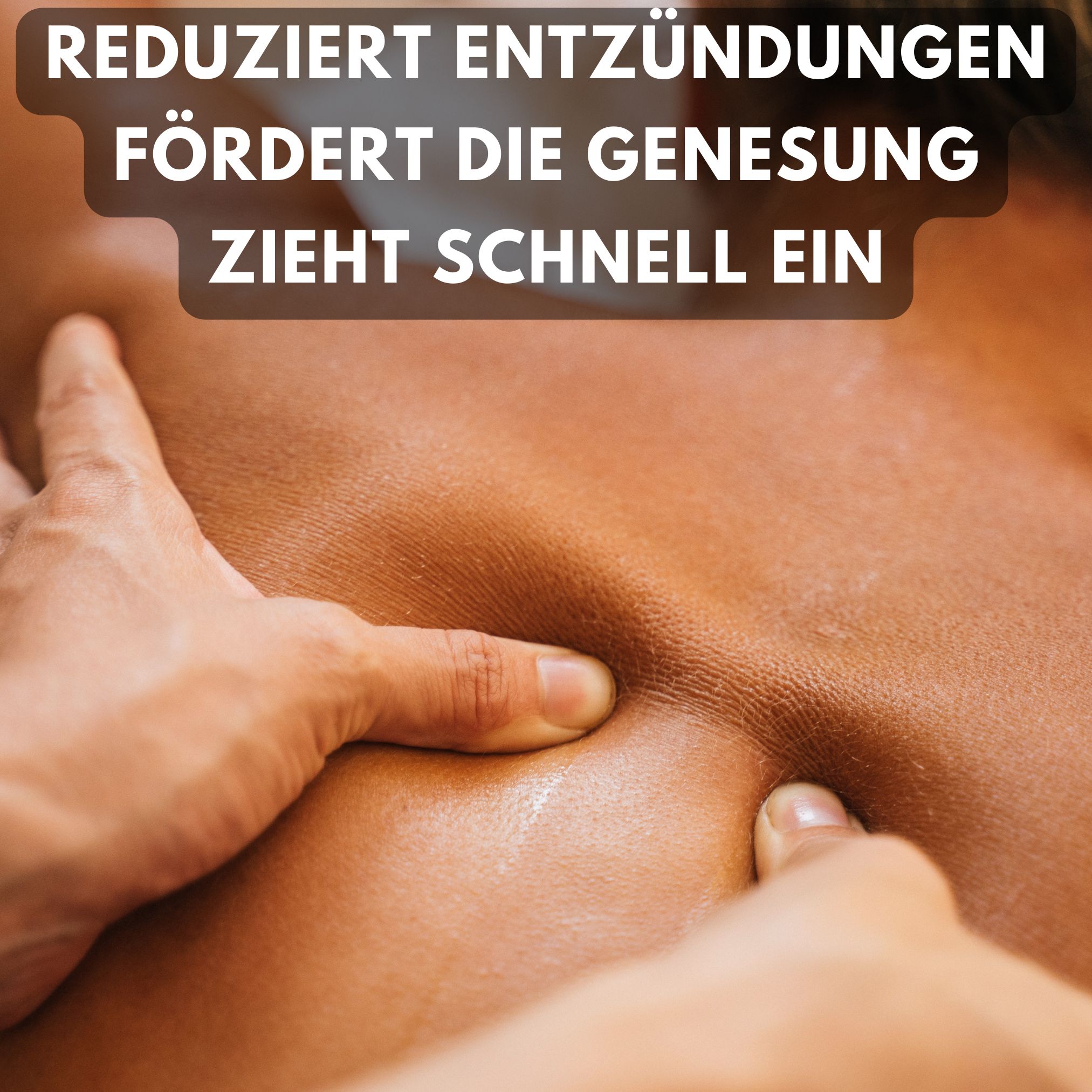 Massage d'un dos douloureux; texte: Réduit l'inflammation, favorise la guérison, pénètre rapidement.
