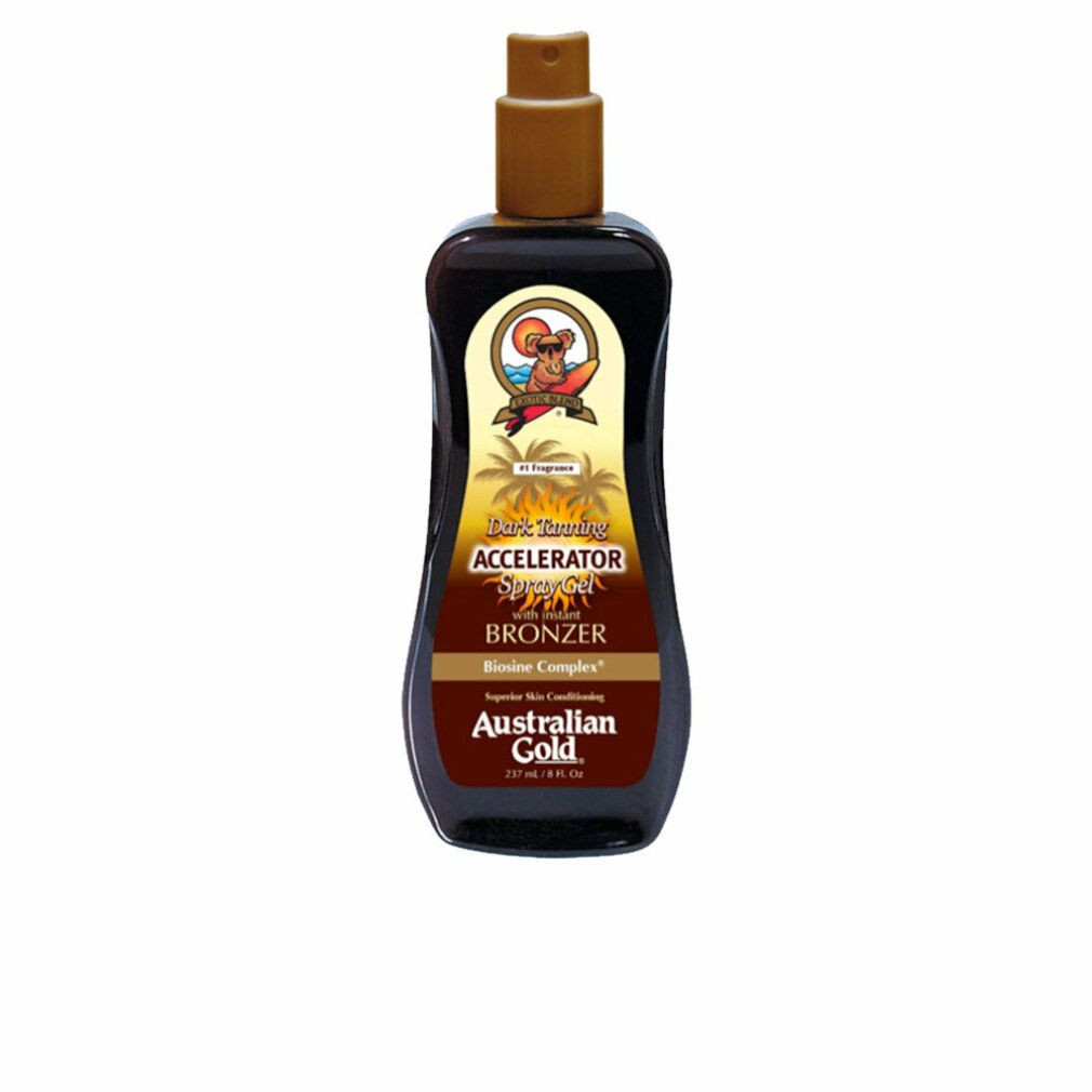 Gel spray foncé avec bronzer. Bouteille avec bouchon pulvérisateur marron. Inscription: Australian Gold, Dark Tanning Accelerator.
