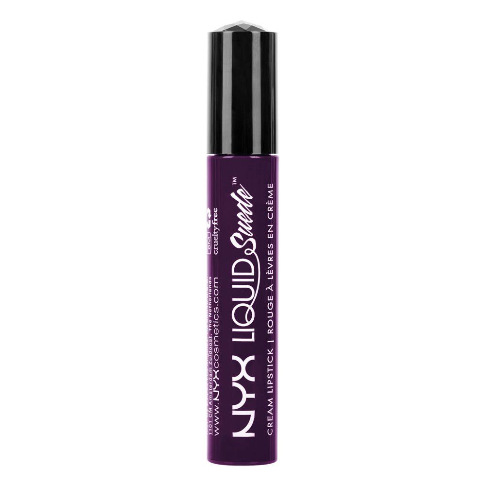 Paarse lipstick tube met zwarte dop. Productnaam: NYX Liquid Suede. Cruelty-free logo.