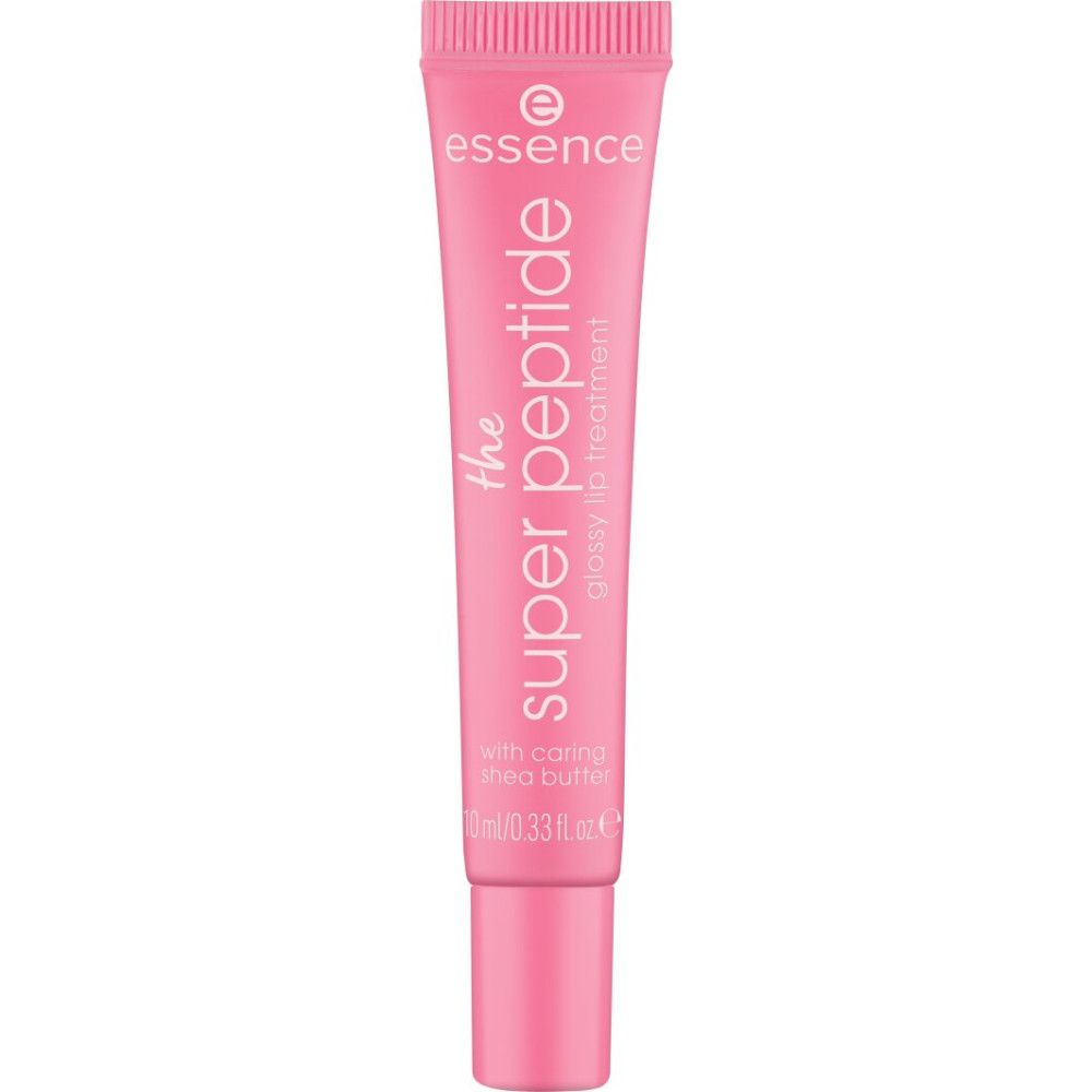 Tube rose avec texte du produit. Marque Essence, nom du produit : The Super Peptide, Glossy Lip Treatment. Avec beurre de karité. 10 ml.