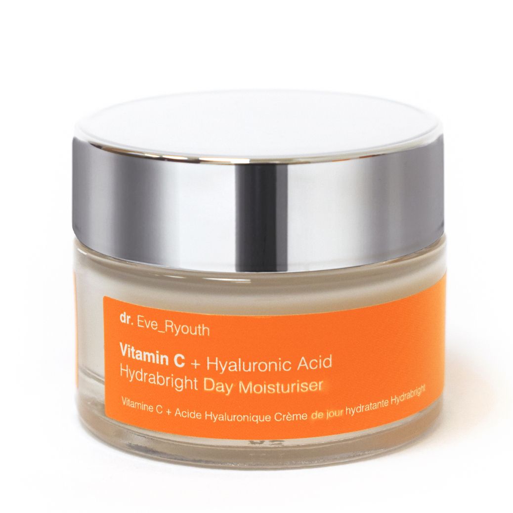 Dr. Eve_Ryouth Vitamine C + Hyaluronic Acid Hydrabright Dagcrème in een glazen pot met zilverkleurige dop.