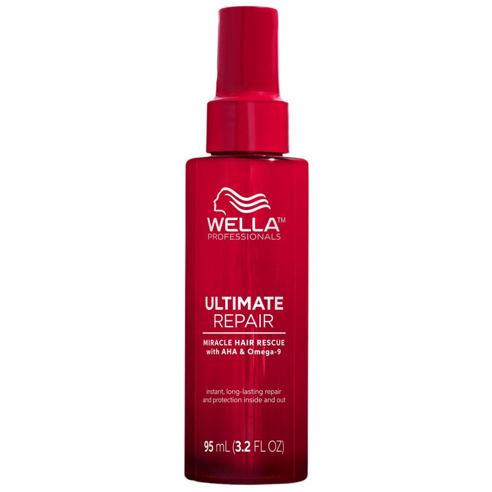 Flacon rouge avec vaporisateur. Inscription : Wella Professionals Ultimate Repair Miracle Hair Rescue. Texte : 95 ml (3.2 FL OZ).