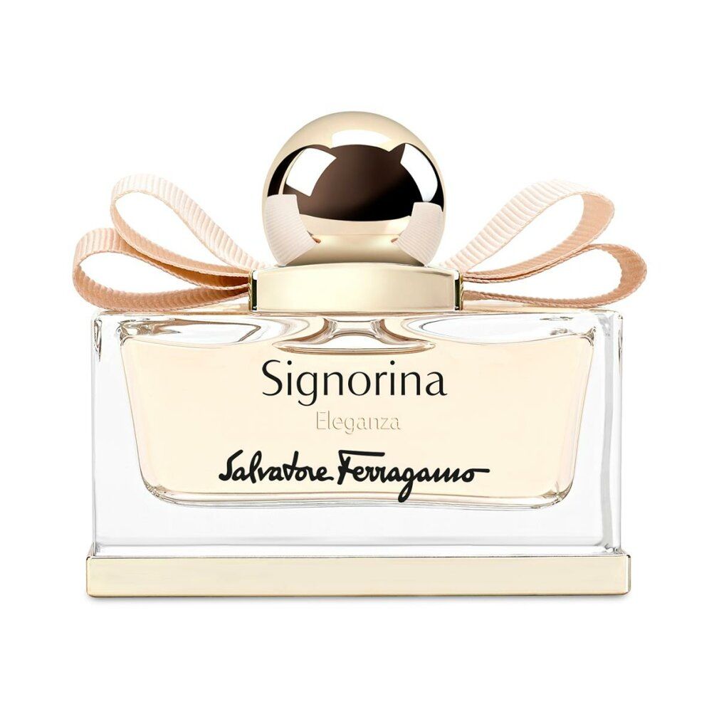 Salvatore Ferragamo Signorina Eleganza Eau de Parfum flesje met strikversiering en gouden dop.