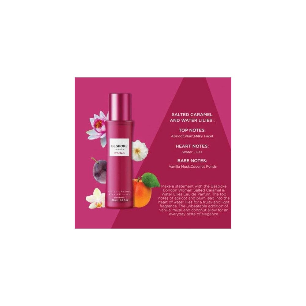 Flacon rose avec fruits et fleurs. Texte: Salted Caramel & Water Lilies. Top Notes, Heart Notes, Base Notes.