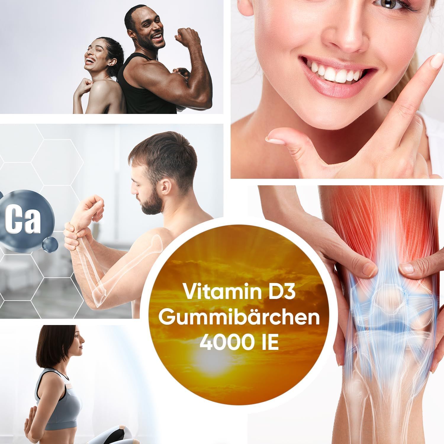 Collage d'images de personnes et de gommes à la vitamine D3. Texte: Vitamin D3 Gummibärchen, 4000 IE.