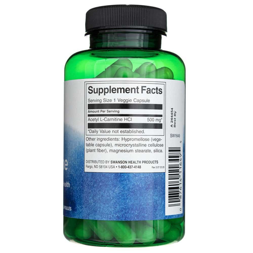 Arrière d'une bouteille de Swanson Acetyl L-Carnitine avec informations nutritionnelles et ingrédients.