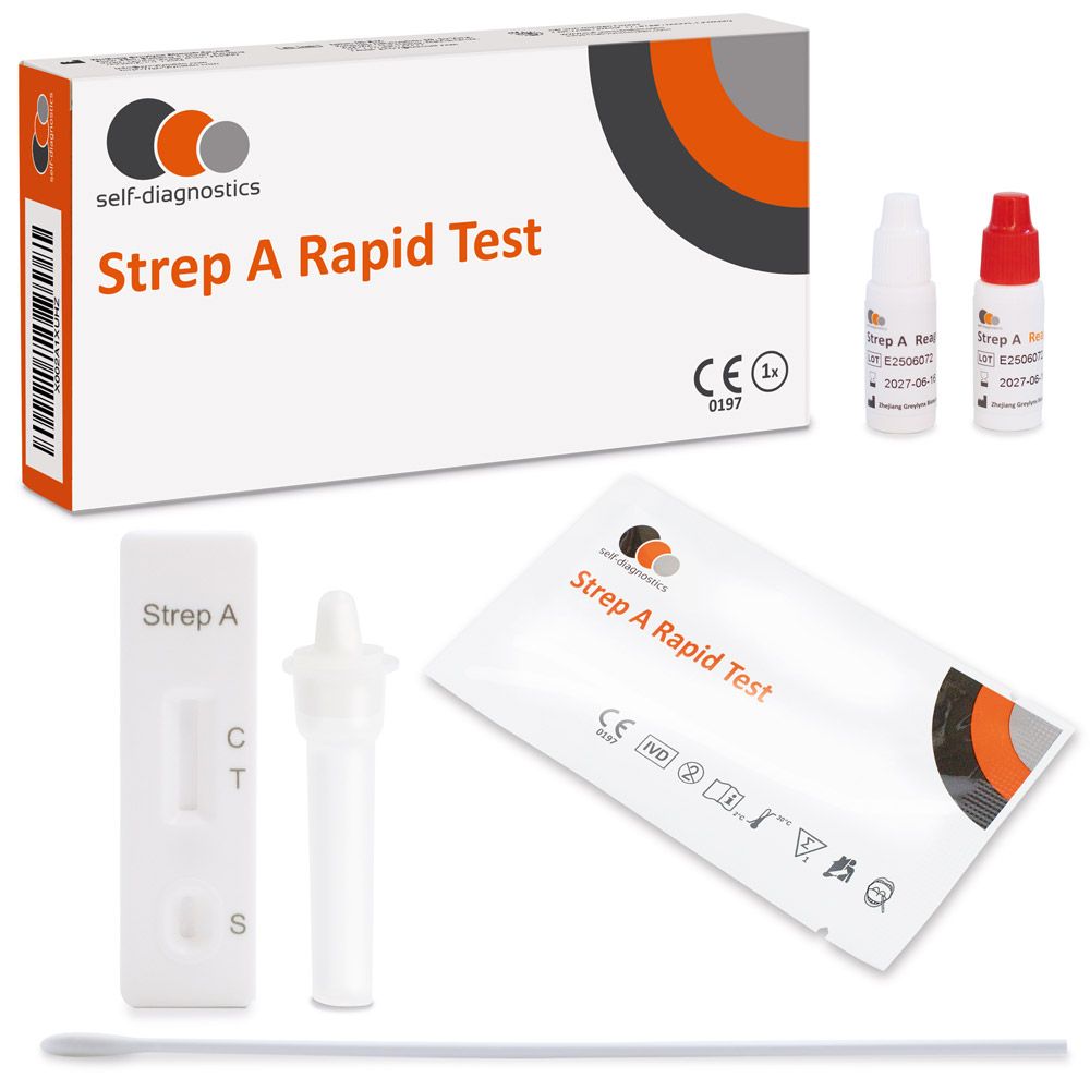 Strep A Rapid Test kit. Doos, buisjes, wattenstaafje en strip. Merk self-diagnostics.