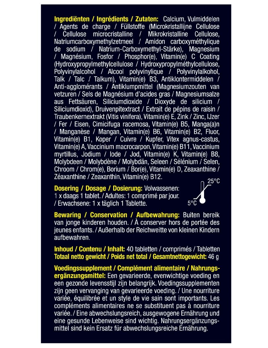 Ingrediëntenlijst op blauwe achtergrond. Informatie over ingrediënten, dosering en waarschuwingen. Tekst in meerdere talen.