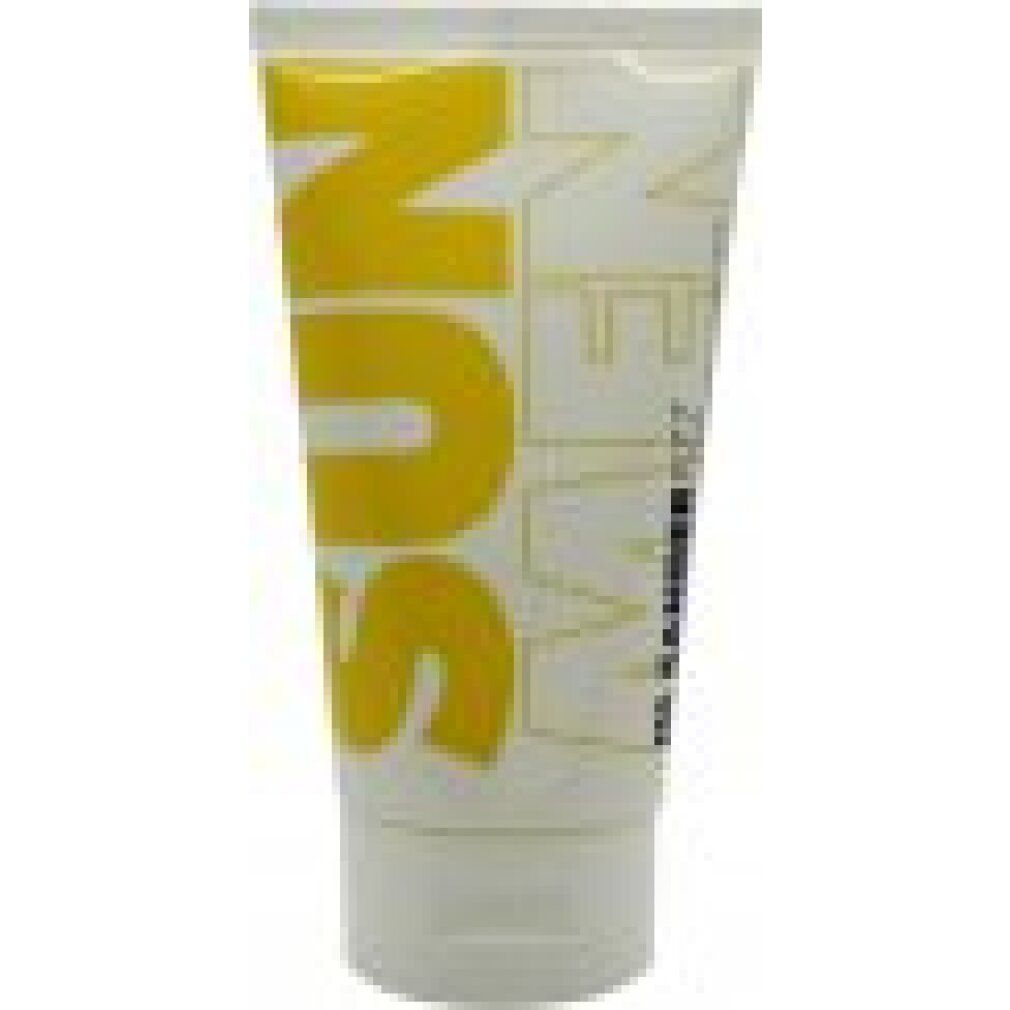 Witte en gele tube met opschrift SUN MEN en Jil Sander Fizz. Dop onderaan. Productverpakking.