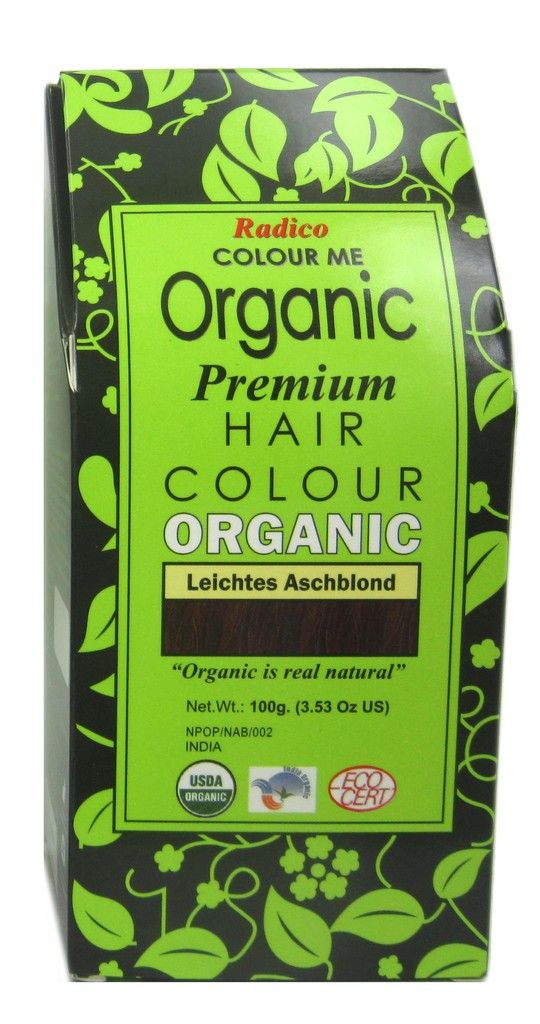 Emballage de teinture capillaire Radico. Boîte verte et noire avec "Organic". Contient "Leichtes Aschblond". Certification USDA Organic.