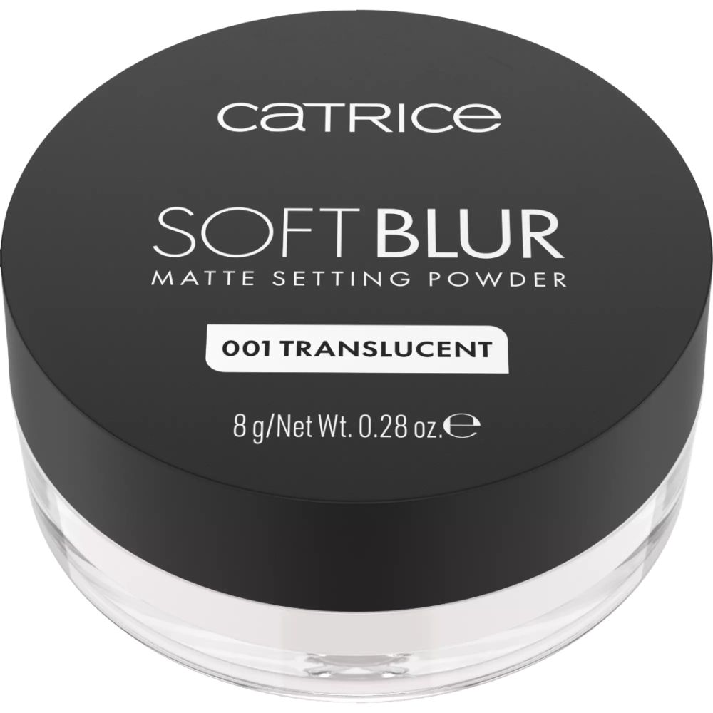 Boîte ronde avec couvercle noir. Sur le couvercle : Catrice Soft Blur Matte Setting Powder. 001 Translucent. 8g/Net Wt. 0.28 oz.e