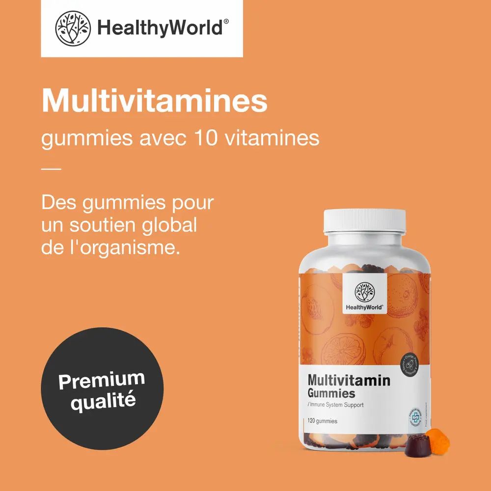 Fond orange avec logo et flacon. Texte: Multivitamines gummies avec 10 vitamines. Qualité supérieure.