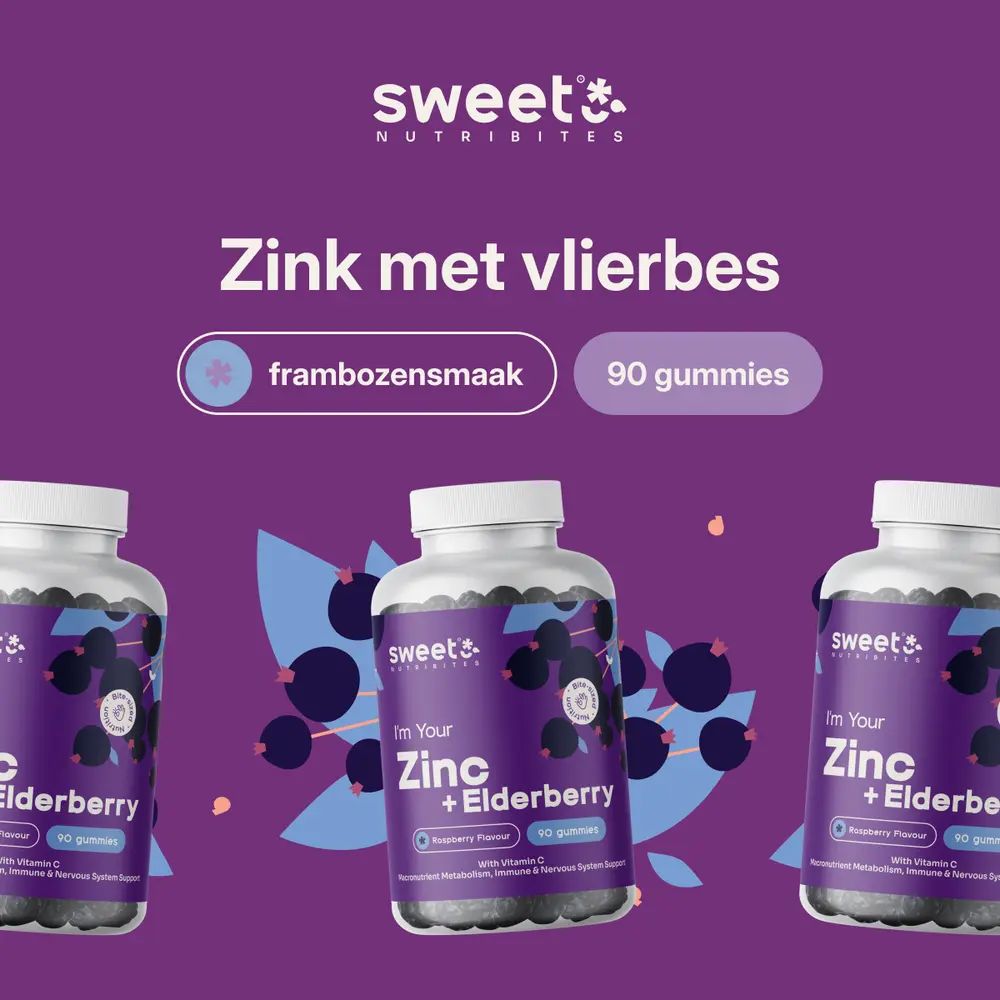 Drie flessen Zinc + Elderberry. Tekst: Zink met vlierbes. 90 gummies. Frambozensmaak.