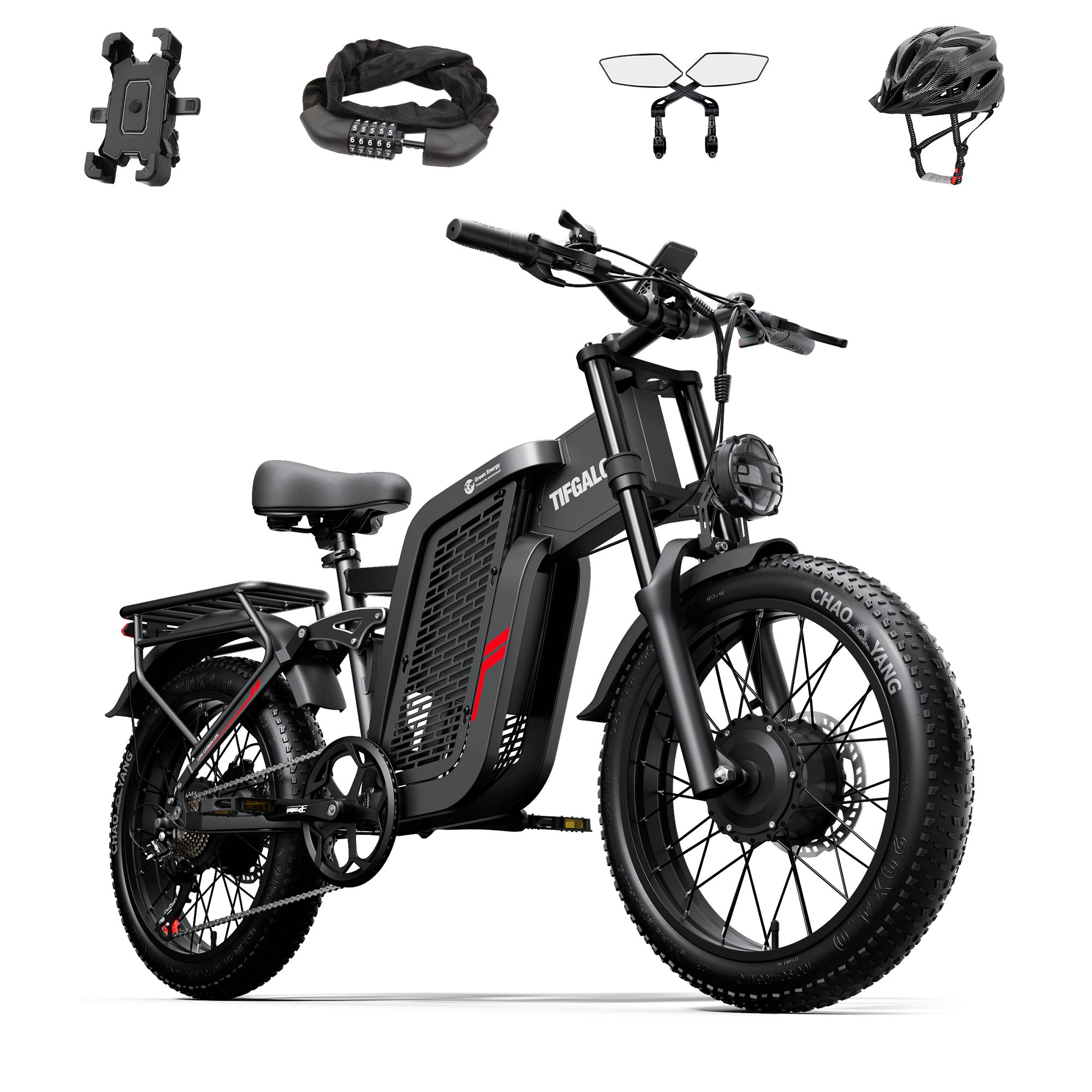 VTT électrique noir avec accessoires : casque, antivol, rétroviseurs, support téléphone. Gros pneus, freins à disque, porte-bagages.