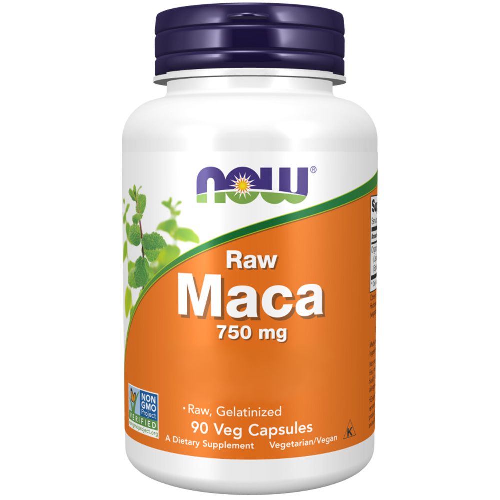 Witte fles met blauwe dop. Oranje etiket met "Raw Maca 750 mg". "NOW" logo. 90 Veg capsules. Non-GMO certificering.