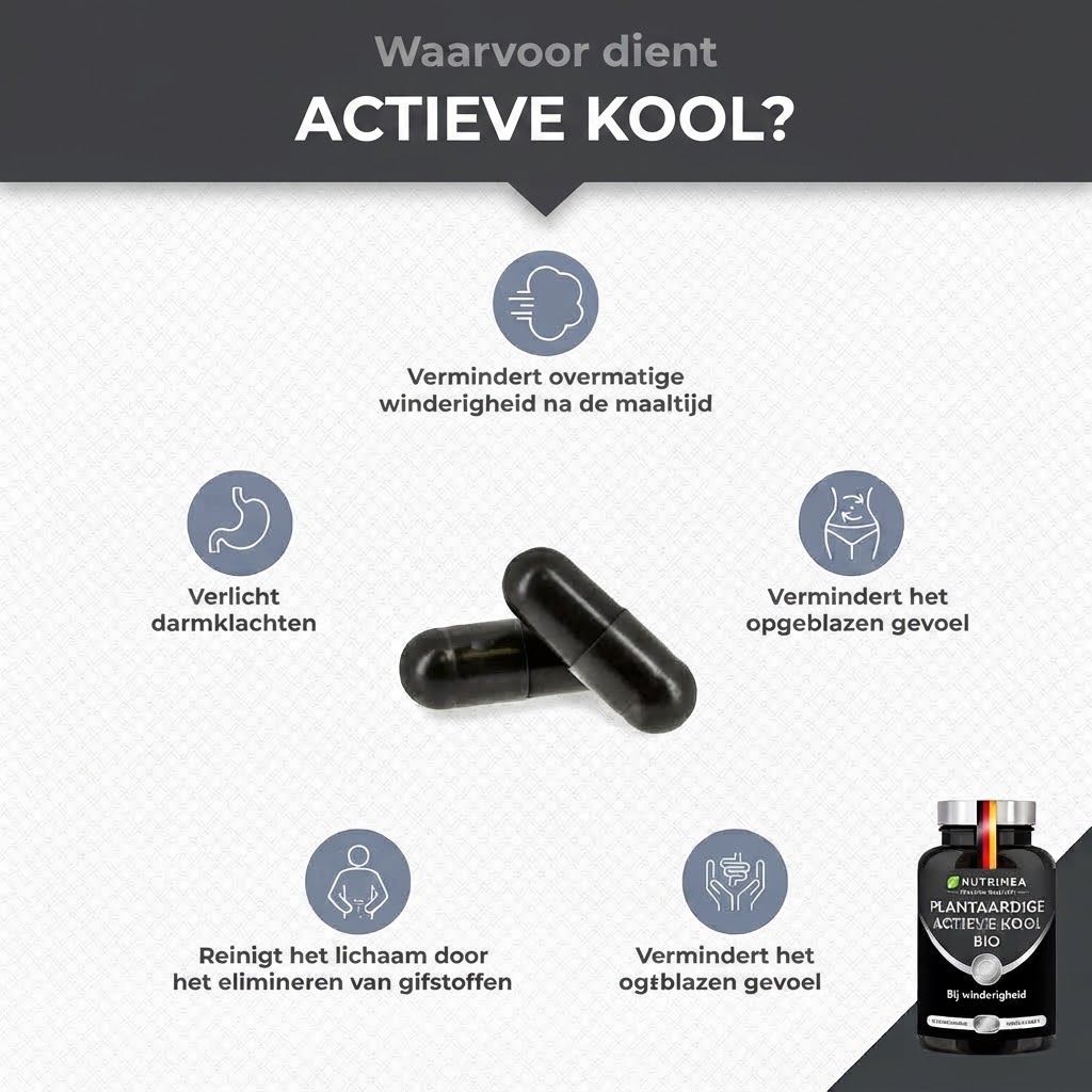 Nutrimea Actieve Kool BIO: Plantaardig, BIO, 100% zuiver, hoog absorptievermogen.