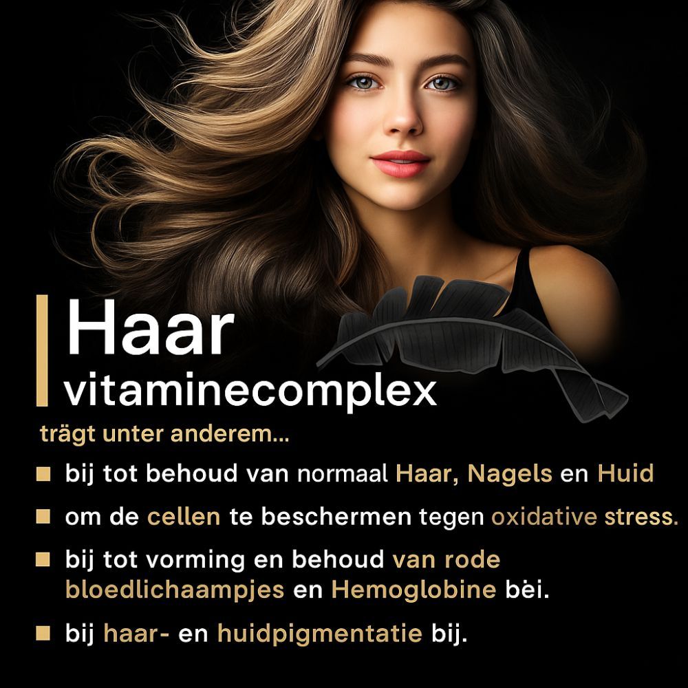 Reclamebeeld met vrouw. Tekst: Haar vitaminecomplex. Draagt onder andere bij. Zwarte achtergrond.