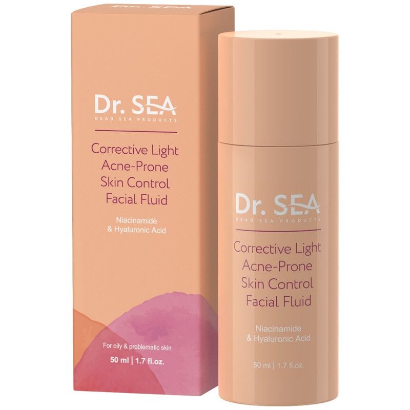 Flacon et emballage beiges. Inscription : Dr. SEA, Corrective Light, Acne-Prone Skin Control Facial Fluid.