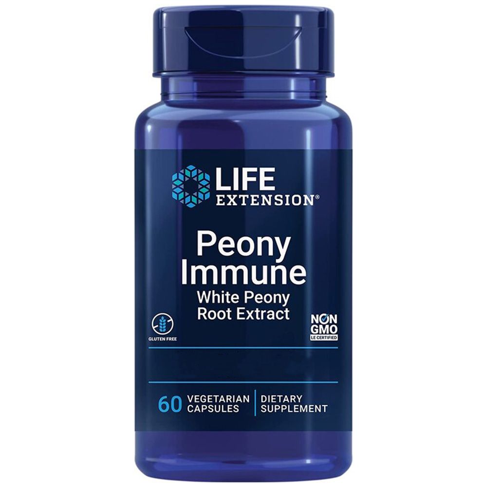 Blauwe fles met capsules. Opschrift: Life Extension Peony Immune. Bevat 60 vegetarische capsules. Glutenvrij, Non-GMO.