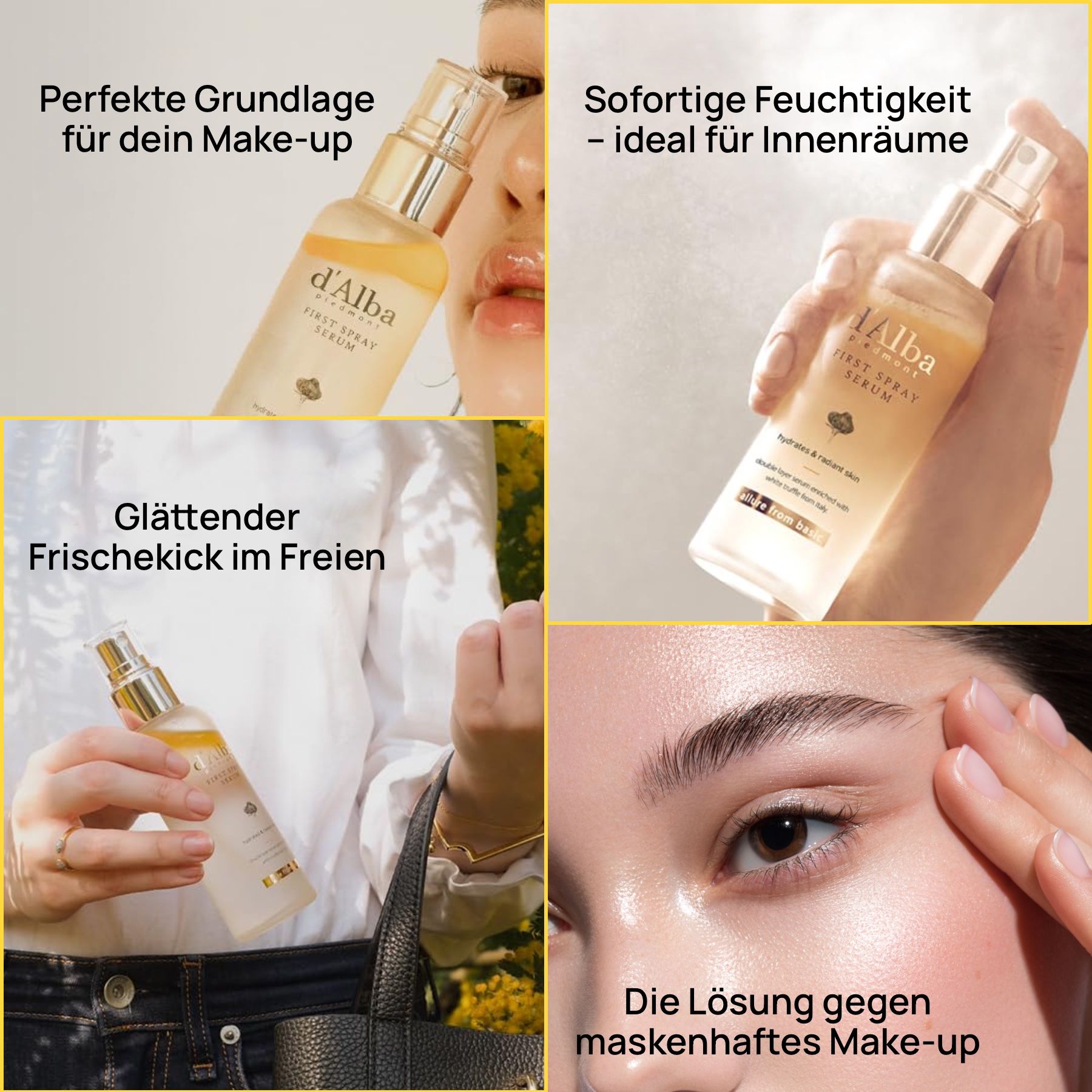 Gouden spuitfles met d'Alba White Truffle First Spray Serum, gouden dop en spuitkop.