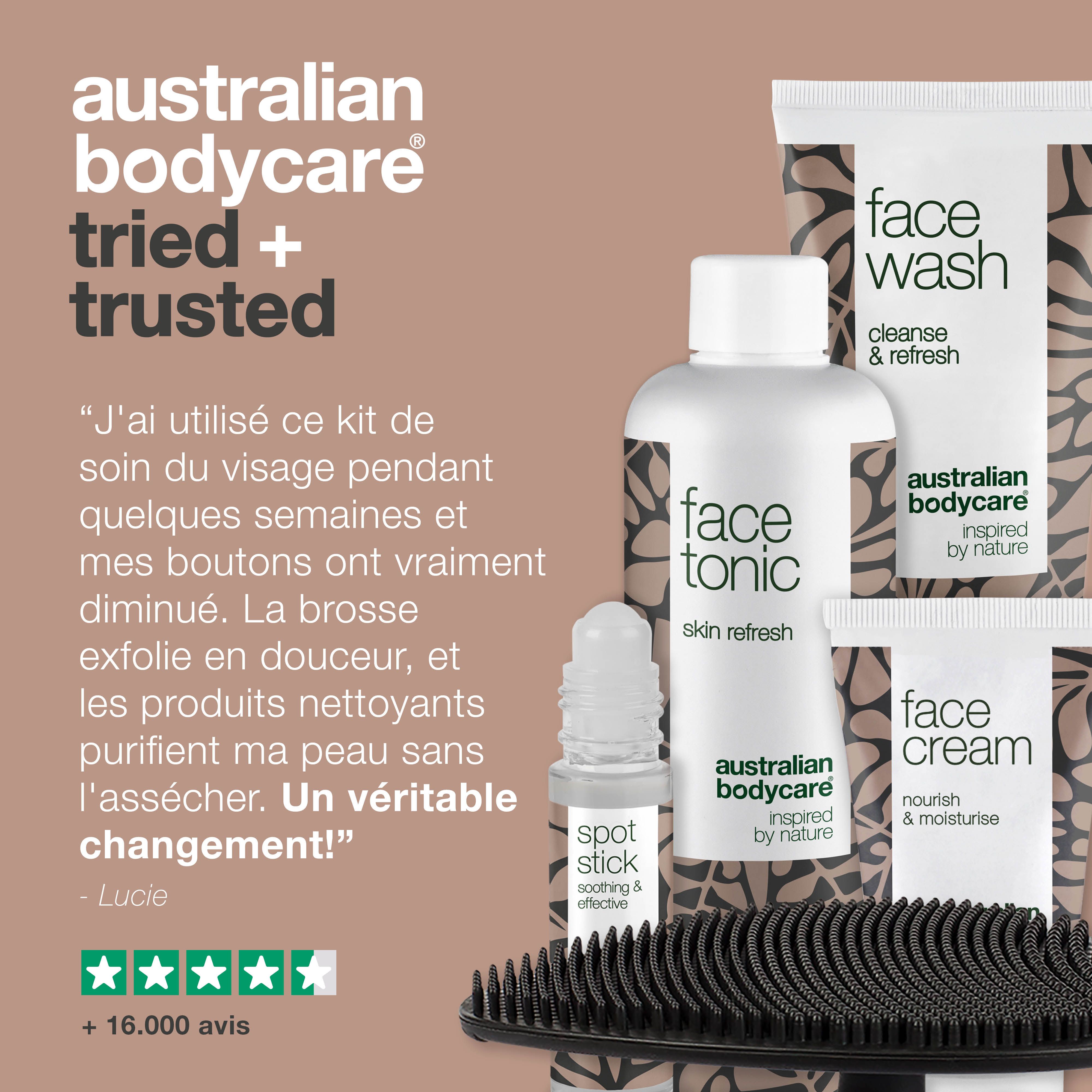 Kit visage avec Face Wash, Face Tonic, Face Mask, Face Cream, Spot Stick et brosse. Texte : témoignage.